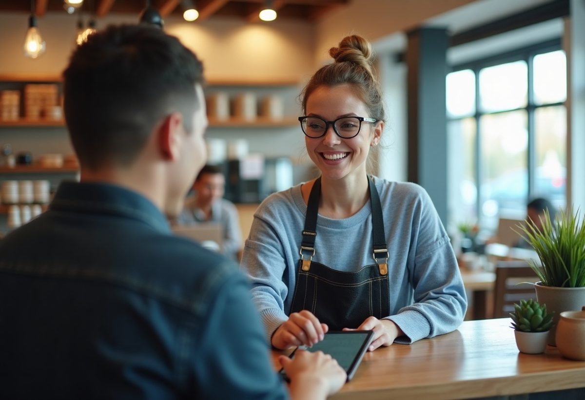 A small-business owner using a tablet point-of-sale system at the counter