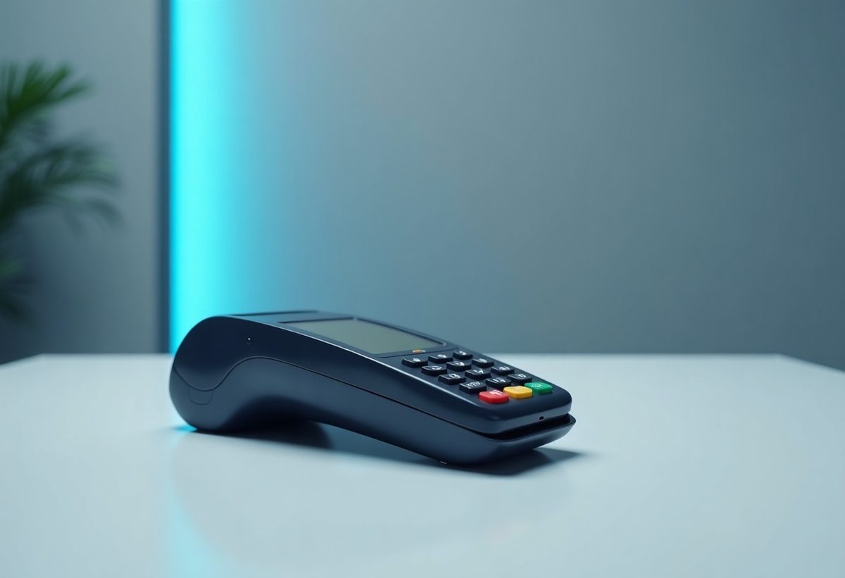 A sleek countertop payment terminal and card reader